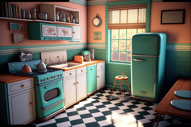 Image of retro kitchen interiors, fridge and dining table, created using generative ai technology. Retro interiors concept created digitally generated image.