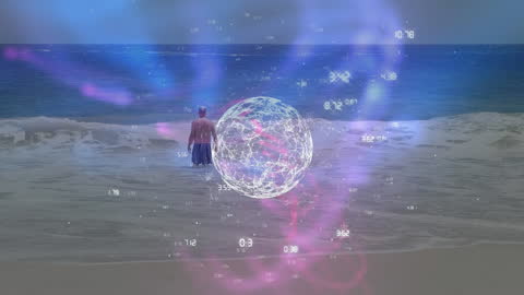 Digital Network Animation Over Ocean with Swimmer Depicts Global Connectivity