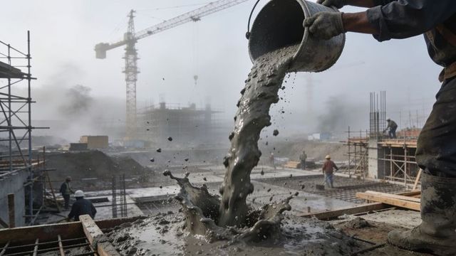 Construction worker pouring wet concrete over rebar on busy site with cranes and scaffolding
