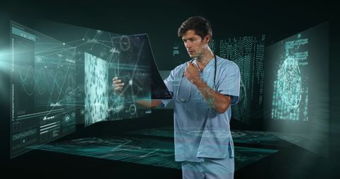 Futuristic medicine with doctor analyzing digital data