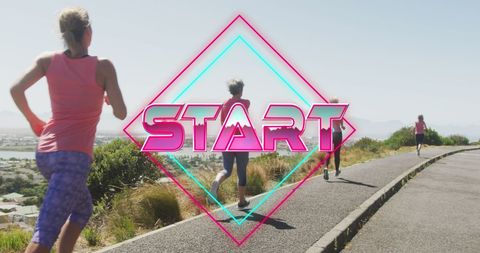 women jogging by beach with retro game overlay text - Download Free Stock Images Pikwizard.com