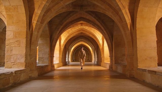 Sunlit sandstone cloister with solitary traveler under pointed vaulted arches