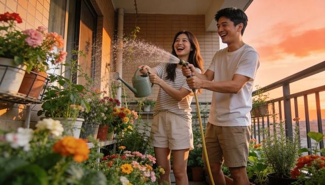 Smiling couple watering balcony garden at sunset laughing among flowering pots