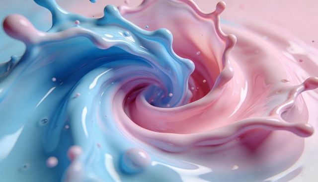 Pastel blue and pink liquid swirl creating glossy vortex with droplets and gradient flow