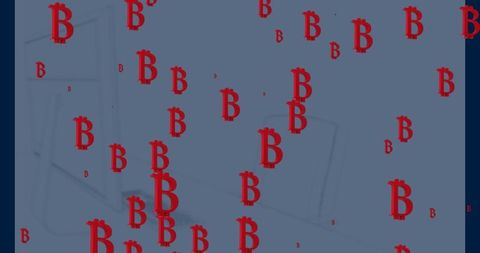 Streaming bitcoin symbols in digital space with laptop and smartphone