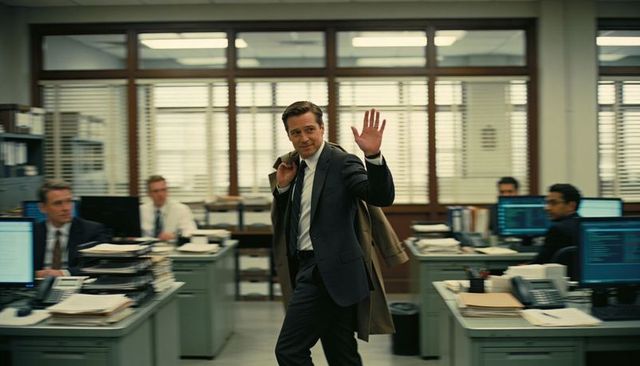 Executive walking through busy office, waving while carrying overcoat, confident leader