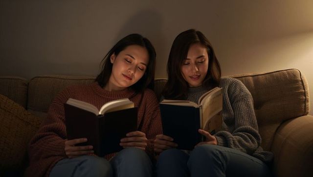 Two women reading on sofa at night cozy lamp-lit knit sweaters warm companionship
