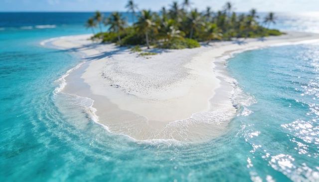 Gliding drone capturing curved sand spit and palm-fringed islet over turquoise lagoon