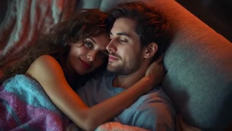Couple Cuddling on Sofa Sharing an Intimate Moment