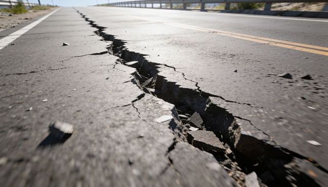Sunlit highway showing deep longitudinal fissure splitting asphalt and exposing guardrail