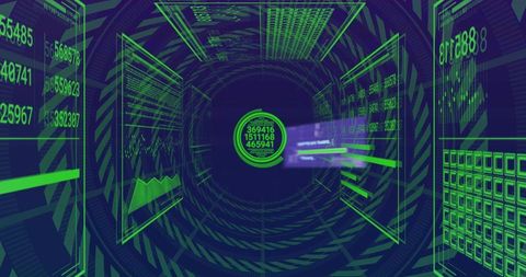 Pulsing data node streaming holographic panels in neon 3d cyber tunnel