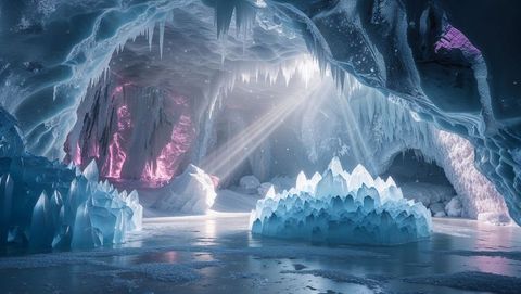 Mystical ice cave with shimmering stalagmites and stalactites