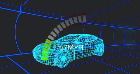 Futuristic wireframe car model in digital tunnel with speed display