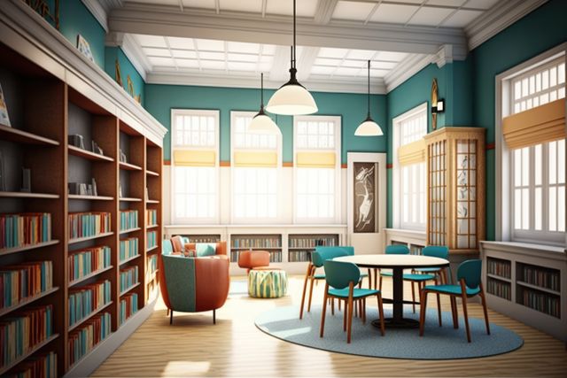 This imagery showcases a modern public library's reading area featuring cozy seating and extensive bookshelves. Ideal for illustrating educational content, community library features, or promoting reading habits. The bright lighting and contemporary furniture make it appealing for use in publications related to academia, library architectures, or community programs.
