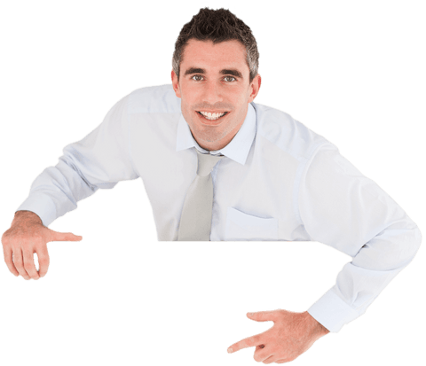 Transparent businessman pointing at blank card with excited expression