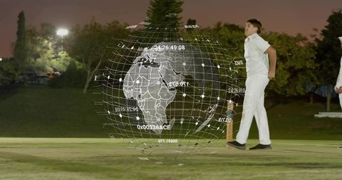 Holographic Data Globe Hovering Over Cricket Crease with Players in White Uniforms at Night
