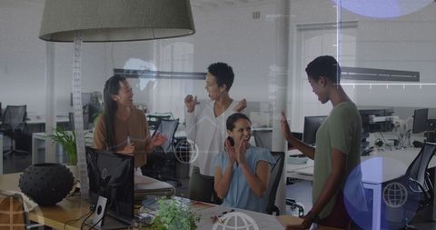 Diverse Team Celebrating Success with Digital Data Overlay - Download Free Stock Images Pikwizard.com
