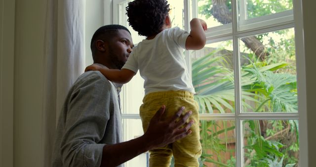 Father and Child Looking Out Window in Bright Home - Download Free Stock Images Pikwizard.com