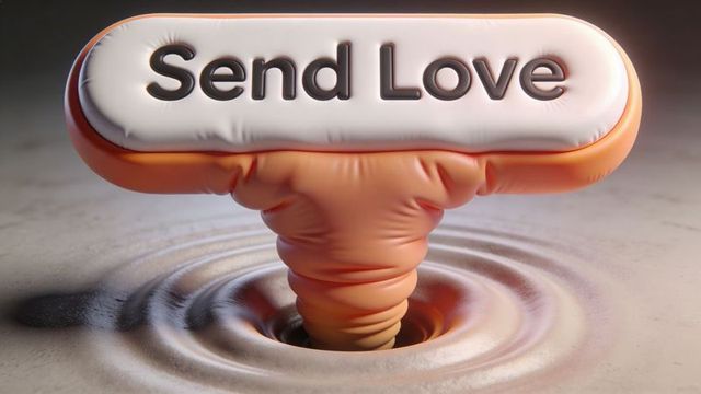 Sending love button with squishy bezel and rippling surface on minimal studio table