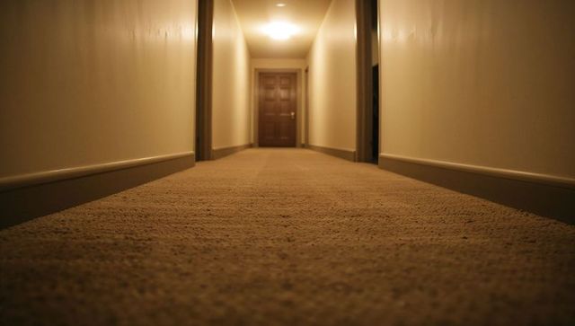 Low-angle beige carpet corridor leading to closed wooden door under warm ceiling light
