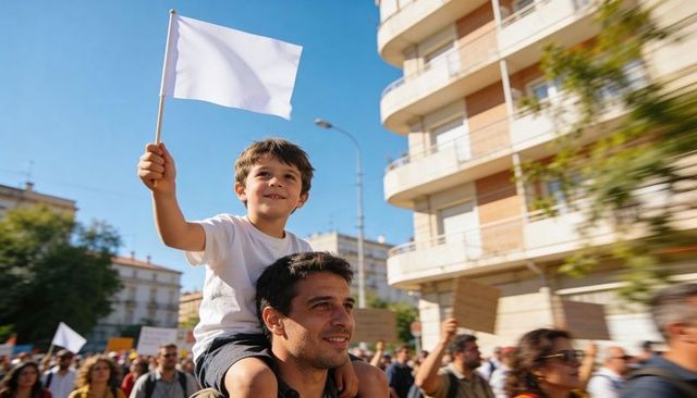 Father carrying son on shoulders waving blank white flag during urban protest parade