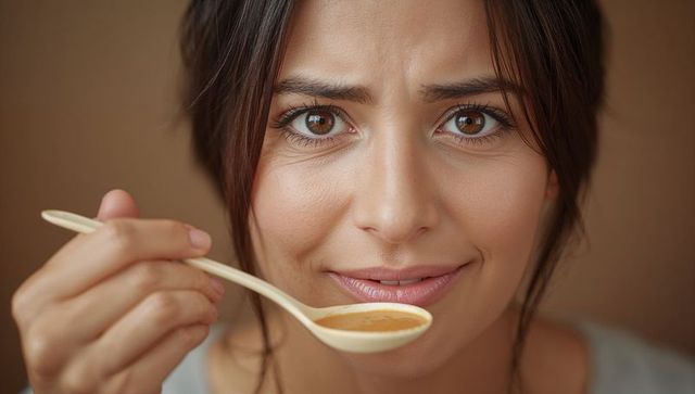 Young woman tasting spoonful of soup with hesitant smile, close-up warm curious portrait