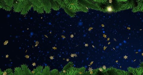 Festive christmas golden snowflakes falling on dark blue sky