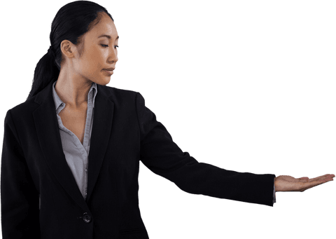 Asian Businesswoman Holding Invisible Product Transparent Background