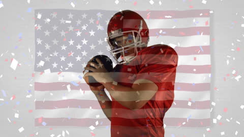 American Football Player with Waving USA Flag and Confetti
