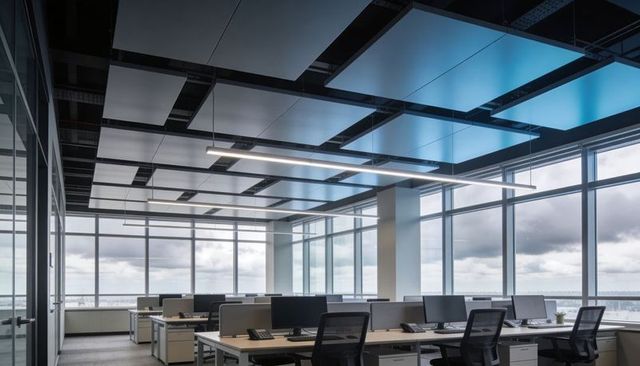 Modern high-rise open-plan office with panoramic skyline views and workstations