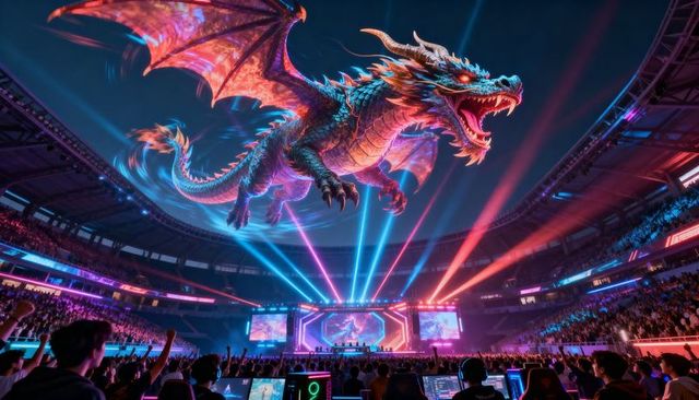 Holographic dragon soaring above neon esports arena casting laser lights over crowd