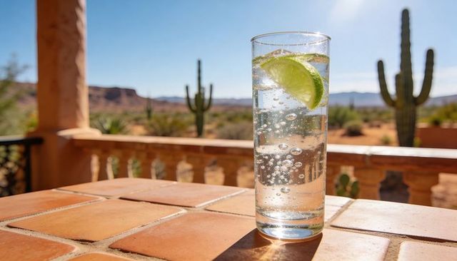 Sunlit sparkling highball with lime on terracotta patio overlooking saguaro desert vista