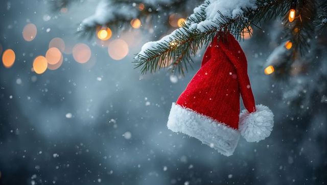 Red Santa Hat Hanging on Snowy Pine Branch with Bokeh Lights, Winter Holiday Decor