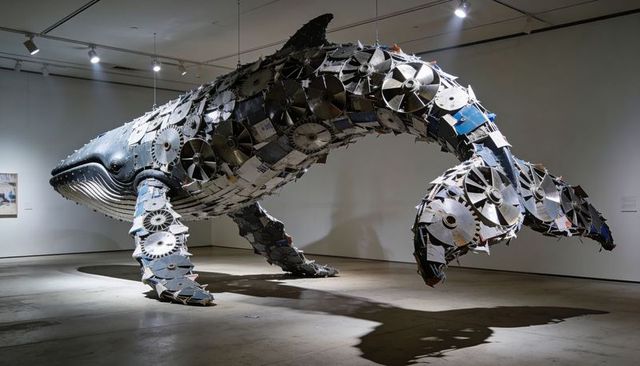 Giant upcycled metal whale sculpture suspended in contemporary art gallery