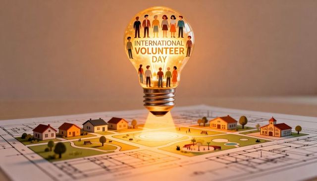 International Volunteer Day glowing bulb illuminating community diorama on blueprint