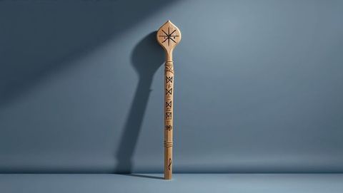 Carved mystical staff with rune symbols in studio lighting