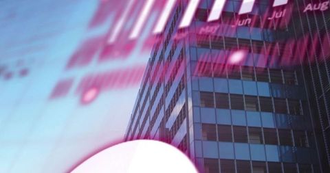 Rising glass tower reflecting magenta financial chart overlay, double exposure urban growth