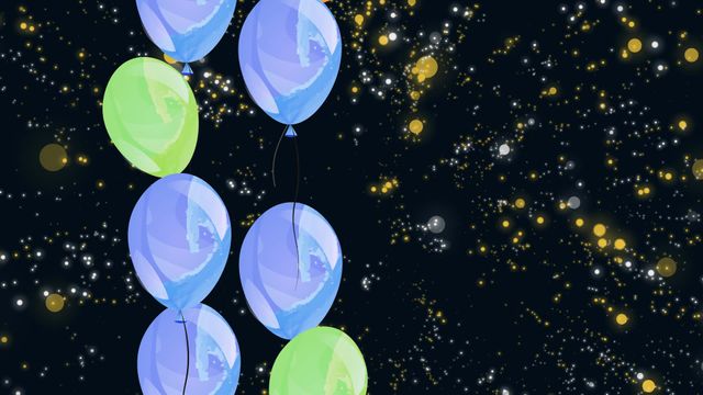 Floating balloons with sparkling dots on black background. Suitable for festive and party-themed designs, new year and birthday celebrations, digital greeting cards, event backdrops, and invitation designs.