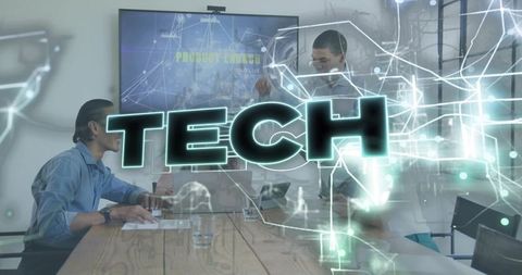 Holographic TECH Overlay in Boardroom During Product Launch Meeting and Team Collaboration