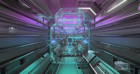Digital Padlock Symbolizing Cybersecurity in Futuristic Tunnel