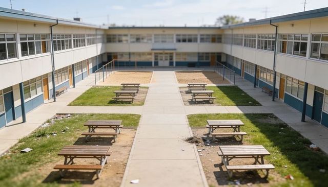Abandoned school courtyard showing picnic tables, litter, burned patch and empty campus