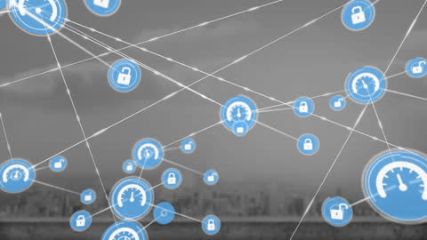 Digital Network Security with Speedometers and Padlocks Over Cityscape