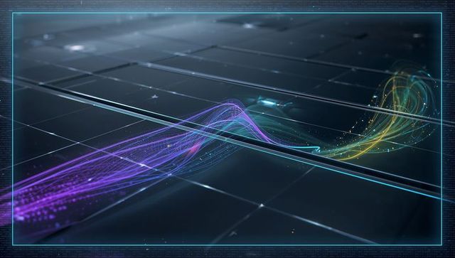 Flowing neon ribbon light curling over glossy grid panels with holographic particle trails