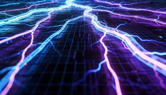 Neon data streams flowing over cyber grid with glowing pulses and futuristic circuitry