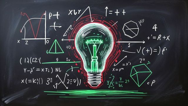 Creative light bulb on blackboard with mathematical equations