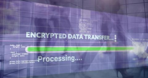 Encrypted Data Transfer Progress Bar on Office Glass with Silhouetted Staff