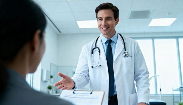 Smiling male doctor extending hand to patient in sunlit clinic for welcoming consultation