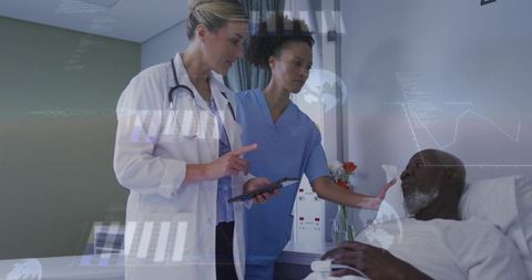 Doctor and Nurse Consulting Tablet While Calming Hospital Patient, Digital Health Data Overlay