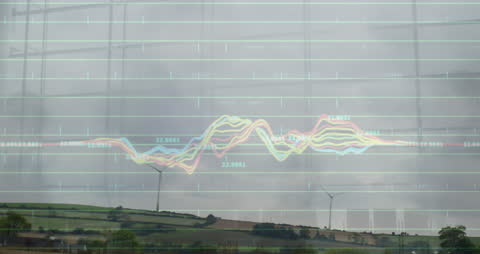 Financial Data Analysis Overlay on Wind Turbines in Countryside