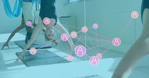 Yoga Practitioner Stretching with Digital Network Overlay Indoor Fitness Studio